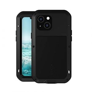 Love MEI Coques pour iPhone 13 Mini,Outdoor Heavy Duty Imperméable Antichoc Anti-poussière étanche Housse Hybrid Métal Aluminium+Silicone Coque avec Verre trempé (Noir) (Anrodcn, neuf)