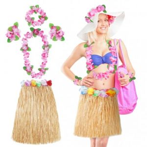 Aomig Jupe Hawaïenne, 40/60cm Set de Jupe Hawaïenne en Paille avec Collier de Fleurs, Costume Hawaïen, Jupe de Hula, Décoration de Fête d'été Plage, Accessoire de Fête Tropicale Luau (Yadark, neuf)