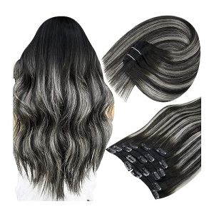 Doux 7pcs 120g Clip dans les Extensions de Cheveux Humains Noir Balayage Naturel Ombre Gris Blond Remy Long(16inches) (lulugongsi, neuf)