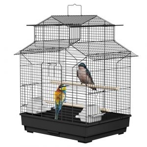 UISEBRT Cage &agrave; oiseaux avec barres en bois et mangeoires - Grande voli&egrave;re en m&eacute;tal pour finks, canaris et perruches Noir (Type C, 46x36x62cm) (Danyang Home, neuf)