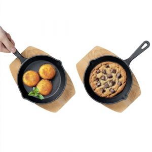 Navaris Po&ecirc;le Fonte Naturelle - 2X Mini po&ecirc;le &agrave; Frire antiadh&eacute;sive &Oslash; 10,2 cm avec Support en Bois - Petit po&ecirc;le Oeuf Pancake Four BBQ Induction (SX-Commerce, neuf)