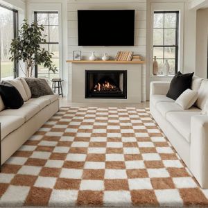HUGEAR Tapis Salon Shaggy Damier Tapis Chambre Adulte Fille Doux Moelleux Descente de lit AntidéRapant Moderne Grand Tapis Marron Blanc Poudré 200×300cm Decoration Chambrel (RONGBEN, neuf)