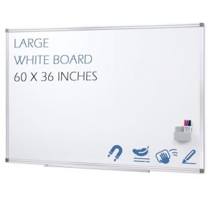 Swansea Tableau blanc magnétique 150x90 cm, Tableau velleda avec cadre en aluminium épais, white board avec long plateau porte-marqueurs et porte-stylo magnétique, geant (Swan_Sea, neuf)