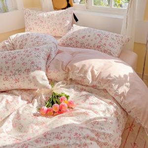 Freyamy Housse de Couette 140x200 Rose Feuilles Floral Blanc Parure de lit Adulte avec Fermeture &Eacute;clair Sets de Housse Couette Fleurie en Microfibre avec Une Taie d'oreiller 65 x 65cm Filles Femmes (Mitchell'SZ, neuf)