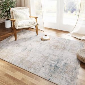 HUGEAR Beige Bleu Tapis Salon 90x150cm Lavable en Machine Antidérapant Grand Tapis Chambre Adulte Moderne Naturel Abstrait Carpet Salle a Manger Bureau Descente de Lit Interieur Doux Poil Ras Rug (RONGBEN, neuf)