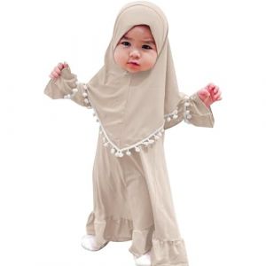Robe De Priere pour B&eacute;b&eacute; Fille Enfant, Nouveau-n&eacute; Robe de Pri&egrave;re Musulmane Abaya V&ecirc;tements Musulmane pour Fille, Abaya &Agrave; Manches Longue Robe Maxi Islamique Kaftan avec Hijab (hoarse-NU, neuf)