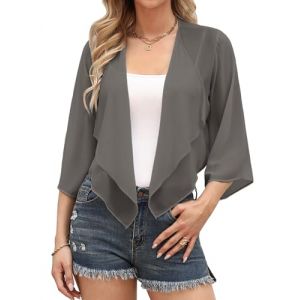 Aottori Cardigan Boléro Court Femme en Mousseline de Soie Gilet à Manches Évasées 3/4 Boléro Veste Elégant Chic pour Robe Bretelle Mariage Gris Foncé M (yyh-eu, neuf)