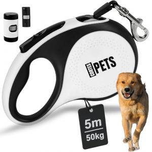 CORTESPETS® Laisse Chien, Enrouleur 5m pour Chiens jusqu'à 50 kg avec Support pour Sacs à excréments, Extensible, Rétractable. Laisse rétractable Gros Chien. (Blanc, L - 5M - 50KG) (Cortes Global  FR, neuf)