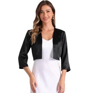Allegra K Boléro en Satin Femme Élégante pour Mariage à Manches 3/4 Devant Ouvert Veste Courte Chic Boléro de Cérémonie Noir S (Allegra K FASHION, neuf)