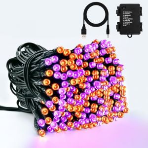Dalugo Guirlande lumineuse à piles USB, 10 m, 100 LED, orange, violet, étanche, avec minuterie de 6 h, 8 modes, câble noir pour l'intérieur et l'extérieur (Dalugo, neuf)