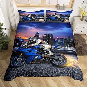 Homemissing Motif de Moto Parure de Lit 240x260cm Ados Cool Moto Rider pour Enfants Garçons Thème Sports extrêmes Housse de Couette Bâtiment de Ville Moderne Housse de Couette (Bofanshangmao, neuf)