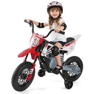 COSTWAY 12V Moto &Eacute;lectrique Enfant avec Roues d'Entra&icirc;nement & Batterie Amovibles, Voiture &Eacute;lectrique Enfant avec Suspension &agrave; Ressorts, Musique et Connexion sans Fil, 3-5 km/h, Charge 30 kg, 3-8 Ans (FDS GmbH, neuf)
