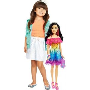 Barbie Grande poupée aux cheveux noirs, 71 cm de haut, robe arc-en-ciel et accessoires de coiffure, y compris sac à main étoile filante (Jerco Micro, neuf)