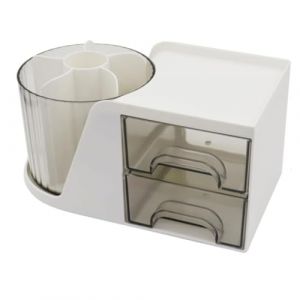 Organiseur de Bureau, Porte-stylos Pivotant à 360° avec 2 Tiroirs, Boîte de Rangement Multifonctionnelle pour la Maison, L'école, le Bureau, les Cosmétiques, les Crayons, les Fournitures D'art, Blanc (Coyanyu, neuf)