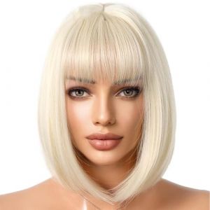 Perruque bob avec frange - Perruque carr&eacute;e droite - Perruque courte pour femme - Cheveux synth&eacute;tiques r&eacute;sistants &agrave; la chaleur - Aspect naturel - Perruque courte pour femme (wudbace, neuf)