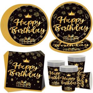 OMZSXK Service de f&ecirc;te noir et dor&eacute; pour 16 invit&eacute;s - Assiette de f&ecirc;te &laquo; Happy Birthday &raquo; avec assiette en papier, tasse et serviettes (Hippsana, neuf)