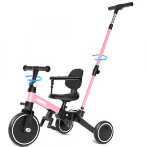 KORIMEFA V&eacute;lo d'&eacute;quilibre pour Enfants, Tricycle &agrave; 3 Roues pour Enfants de 1 &agrave; 3 Ans, poign&eacute;e de pouss&eacute;e, p&eacute;dale Amovible, Dossier, poign&eacute;e de Direction pour Les Parents, Premier Anniversaire (Rose) (KORIMEFA, neuf)