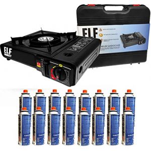 Elfmonkey Réchaud à gaz avec mallette avec 16 cartouches de gaz - Idéal pour le camping ou la fondue - Protection contre la surchauffe - Mallette à gaz - Réchaud de camping (Pro Level 3000, neuf)