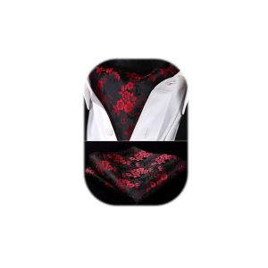 HISDERN Cravate Ascot Homme Mouchoir Ensemble Noir et Rouge Fleurs Polyester Soie Retro Classque &Eacute;l&eacute;gant Cravates Ascot Hommes Pochette pour Mariage (hisdern, neuf)