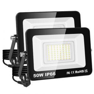 PICAA Projecteur LED 50W, étanche IP66, éclairage de sécurité 5000 lm, applique murale extérieure blanc froid 6500K pour jardin, cour, garage, terrasse, entrepôt, avec prise UE (2 pièce) (BEISHUO-UK, neuf)