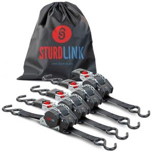 Sangle a Cliquet Automatique 3m 25mm Crochets S LC 300daN, 600daN en U | Enrouleur de Sangle Automatique | Equipement Idéal Fixation Remorque Moto Quad Auto | Lot de 4 + Sac | en 12195-2 | Sturdlink® (STURDLINK, neuf)