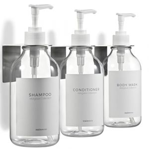 Distributeur de shampoing et apr&egrave;s-shampoing MaisoNovo - Distributeur de Savon de Douche Mural - 3 Bouteilles en Plastique Transparentes de 500 ML avec Pompe Blanche - 3 Compartiments, sans per&ccedil;age (Maisonovo, neuf)