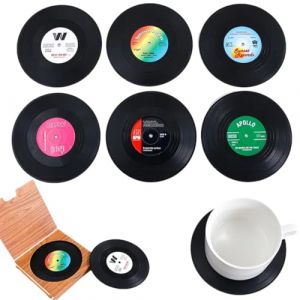 MIRKUZI Dessous de verre 6 pièces sous-verres rétro en vinyle, sets de table décoratifs pour boissons, sous-verres isolés antidérapants, sous-verres à bière pour la maison (noir) (HU  YIFENG UK SHOP, neuf)