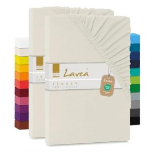 Lavea® Lot de 2 Draps-Housses Maya – Jersey 100% Coton – pour Lits Standard, Boxspring, à Eau ou avec Surmatelas – avec élastique – Oeko-TEX® – Respirants (Blanc Crème, 180x190-200x200cm) (B&D Textiles, neuf)