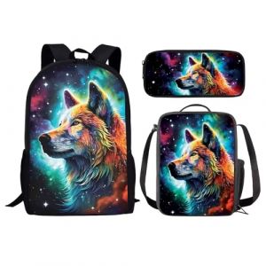 chaqlin Lot de 3 sacs d'école pour enfants avec sac à déjeuner, trousse à crayons, motif animal, dinosaure, loup, football, sacs à livres pour garçons et filles, Motif loup de nuit galaxie, Taille (chaqlin, neuf)