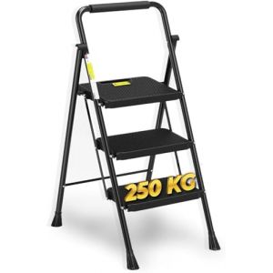 Escabeau à 3 Marches, Tabouret Pliant avec Large Pédale Antidérapante, Échelle Stable en Acier, Poignée Confortable, Tabouret Escabeau en Acier Léger et Portable, Noir (MARKETSHOP20, neuf)