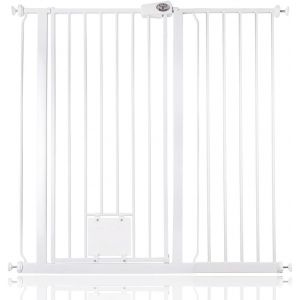 Bettacare Barrière pour Chien avec Trappe Verrouillable, Barrière de Sécurité Extra Haute pour Animaux, 107,4cm - 115cm, Hauteur 104cm, Couleur Blanc (SAFETOTS, neuf)
