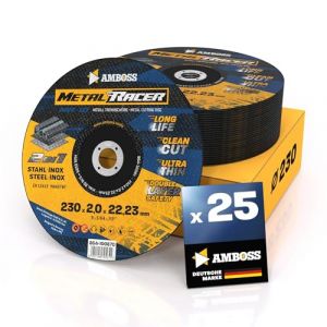 Disque a tronconner 230 metal (25 pièces) - Ø230x2x22.23mm - Disque a tronconneuse metaux Metal Racer by AMBOSS WERKZEUGE - Disque meuleuse 230 pour acier, acier inoxydable et meuleuse angulaire (Sawblade King, neuf)