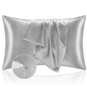 Taie Oreiller 50x70 en Satin, Housse Oreiller Satin&eacute;es Prot&egrave;ge Peau et Cheveux - Ultra Douce et Hypoallerg&eacute;nique - Lot de 2 Housse Coussin avec Fermeture &Eacute;clair Argent (Naaassija Yako OÜ, neuf)