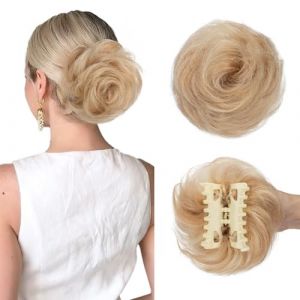 TESS Chignon Postiche Cheveux Naturels 42g, Chignon Bouclé Élastique avec Pince Clapet, Extension de Cheveux Humains pour Femmes Beige Sable Blond/Blond Clair Lumineux (TESS Official, neuf)