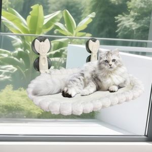 KZARYVEXIS Hamac Chat Fenetre Pliable et D&eacute;montable, Luxe Lapin Doudou, Supporte jusqu'&agrave; 20kg, 53x37cm, Coussins R&eacute;versible pour Bain de Soleil et Repos, Cadre M&eacute;tallique, Blanc (Gleam Grove, neuf)