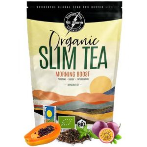 SLIM TEA Morning Boost | Thé Detox, Draineur & Diurétique | Boisson Energisante | Tisane Anti Ballonnements et Ventre Gonflé | Thé Vert, Maté, Moringa, Guarana, Pissenlit, Gingembre, Cardamome | 100g (VITSTORM, neuf)