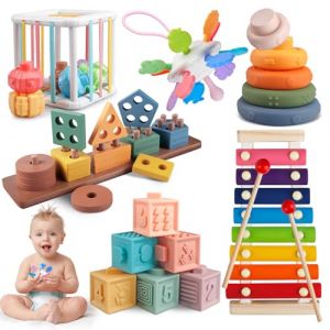 Aliex 6 en 1 Jouets Bebe, Jeu Eveil Bebe Montessori | Cube Activite | Xylophone | Jouet en Bois | Jeux Cadeau pour Bébé Fille Garçon (Duncon, neuf)