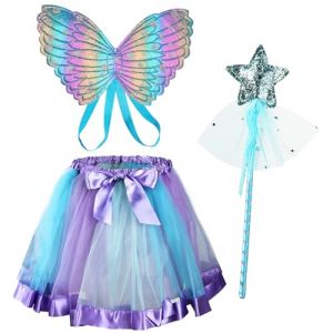 AUYAO 3Pcs Deguisement Papillon pour Fille, Papillon Costume de F&eacute;e Papillon, Papillon Ailes Enfants, Kit de Costume de F&eacute;e Papillon avec Baguette Magique Tutu Jupe D&eacute;guisement Carnaval No&euml;l Cosplay (Yadark, neuf)