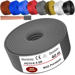 MAS Premium De 5 &agrave; 100 m C&acirc;ble conducteur H07 V-K 4 mm&sup2; Noir, Brun, Bleu fonc&eacute;, Vert-jaune, Gris, Bleu clair, Blanc ou Rouge Conducteur unique flexible (Gris, 40 m) (MAS-Premium, neuf)