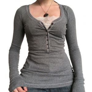Hauts Henley &agrave; manches longues pour femmes - Tops d&eacute;contract&eacute;s boutonn&eacute;s - Blouse tunique - Chemises ajust&eacute;es c&ocirc;tel&eacute;es - Chemise pullover Y2K en dentelle patchwork, a, S (Harri me, neuf)