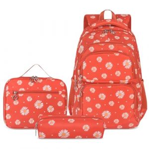 SIVENKE Sac à dos d'écolier, sac à dos, pour filles, adolescentes, femmes, filles, école, loisirs, avec sac à déjeuner et trousse, rouge-orange, Sac à dos pour enfant (Zhongdeqi, neuf)
