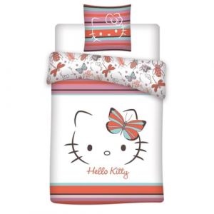 Aymax Parure de Lit Hello Kitty Butterfly, 1 Personne, Housse de Couette 140x200 cm + Taie d'oreiller 65x65 cm, Polycoton (FUNNY34, neuf)