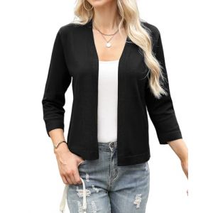Aottori Boléro Femme Chic et Élégant Tricot Gilet Court Cardigan Manches 3/4 Veste Top pour Robe Mariage Bretelle Soirée Fête Décontracté Noir XXL (yyh-eu, neuf)