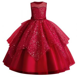 IWEMEK Enfant Fille Robe Ceremonie Mariage Longue Carnaval Tutu sans Manches Robes Bapteme de Communion d'anniversaire du Soir Communion Anniversaire Fête Robe de Mariée Rouge 150 (IWEMEK, neuf)