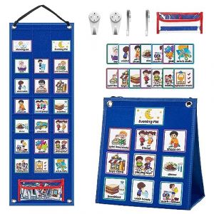 Qivine 2 in 1 Calendrier Visuel pour Enfants, Pliable Tableau Routine avec 70 Cartes et 72 Autocollants, Suspendu Comportement Recompense Semainier pour École Ménage Planning 67,5x24cm (Gartwan, neuf)