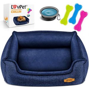Lovpet® Coussin pour chien Chiller avec gamelle et 3 os à mâcher, canapé pour chiens de petite, moyenne et grande taille, housse amovible et lavable, XL, 110 x 75 x 27 cm, bleu marine (WMK Trading GmbH, neuf)