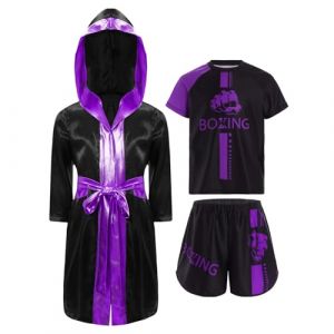 Oyolan Enfant Garçon Short de Boxe et T-Shirt Peignoir Robe de Boxe à Capuche Ensemble Combat Muay Thai MMA Kick Boxing A Violet 5-6 Ans (Oyolan EU, neuf)