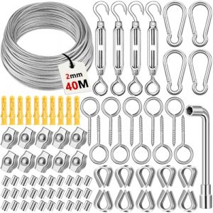 KDISHKRA Kit C&acirc;ble Acier Inox 40M 2mm avec Tendeur Fil &agrave; Linge et Serre-C&acirc;ble, pour Plantes Grimpantes, Rideaux, Cl&ocirc;ture, Treillis, &Eacute;tendoir Ext&eacute;rieur, Jardin, D&eacute;coration et Fixation DIY (KEDIS HANNA, neuf)