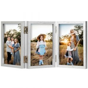 Triple cadre photo 12,7 x 17,8 cm - Pliable - En bois - Avec support vertical en verre - Argenté (SSUEI, neuf)