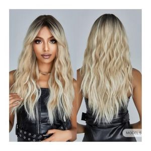 Perruque Femme Perruques synthétiques blondes châtain clair avec racines foncées, cheveux longs ondulés avec frange for femmes, cosplay quotidien résistant à la chaleur hair wigs (xiaoxiwenuk, neuf)